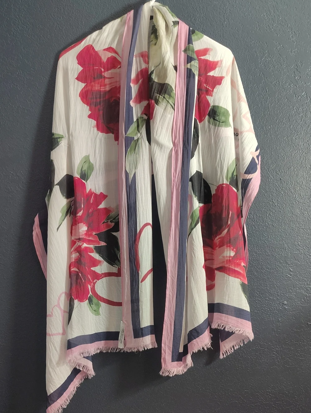 Talbots Pink, White & Navy Modal Lightweight Rose Heart Love Scarf with Fringe